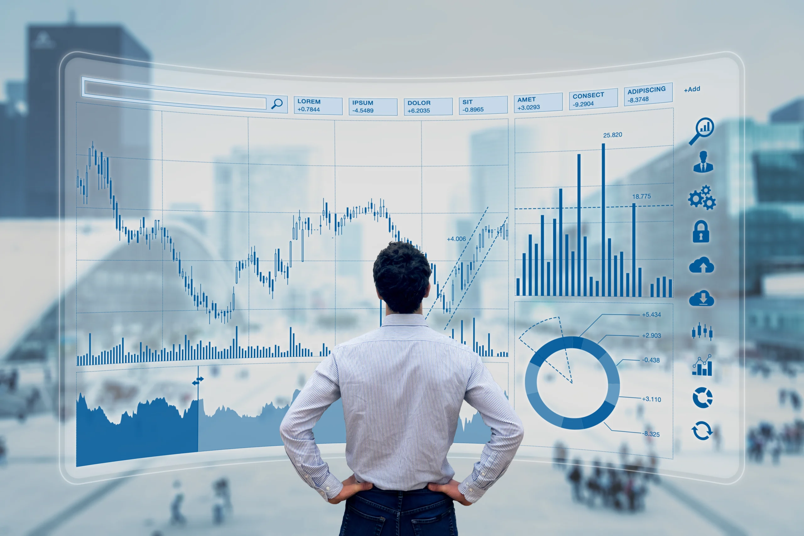 Man looking at graphs: Button image for "Banking and Finance"